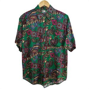 Vintage Paisley Button Down Shirt Women S Kelly Green‎ Artsy Colorful Old Money